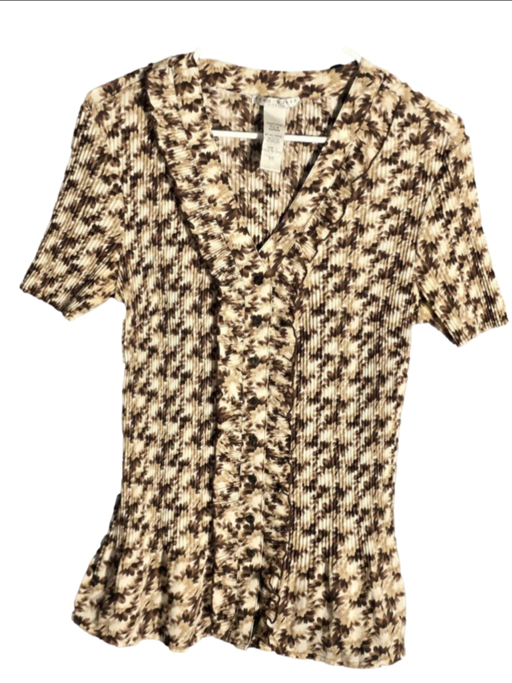 Women's Fred David Blouse S Brown Beige Floral Pleated Short Sleeve boho Vintage